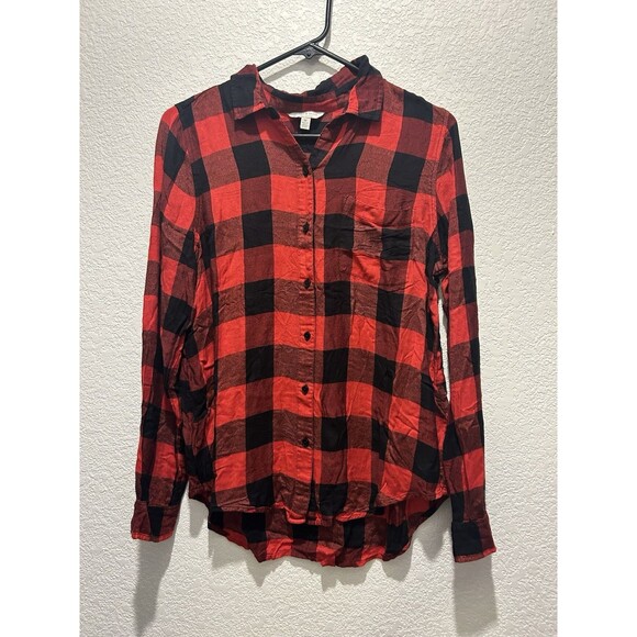 Lucky Brand Woman’s Top Medium Red Black Button Up Plaid Classic Long Sleeve - Picture 1 of 7